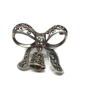 Bow and Bell Silver Filigree Brooch by Jezlaine